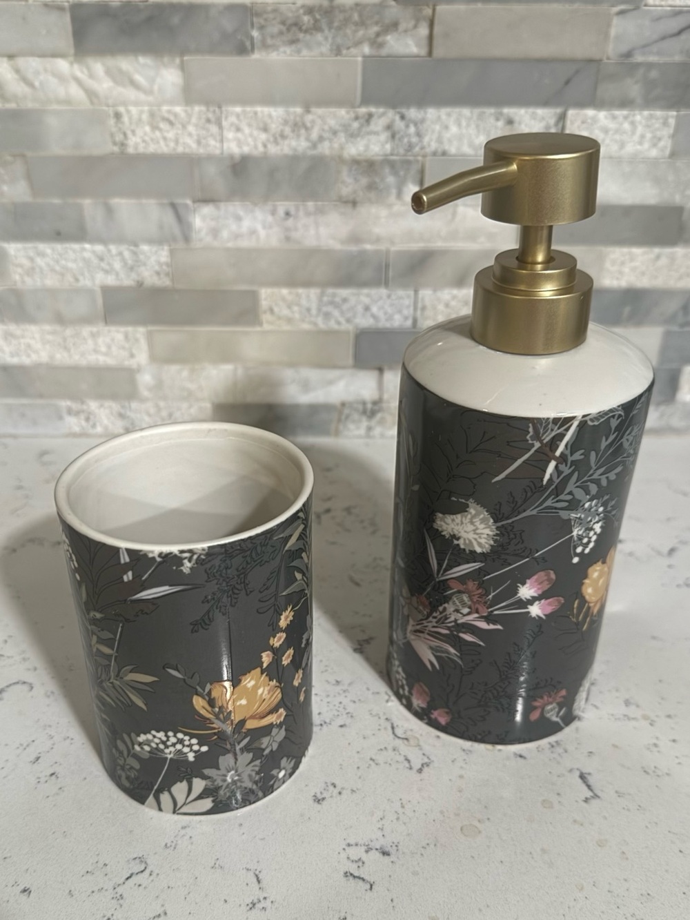 Floral Ceramic Bath Accessory Set in Charcoal - Brand: Kassatex - Picture 4 of 4